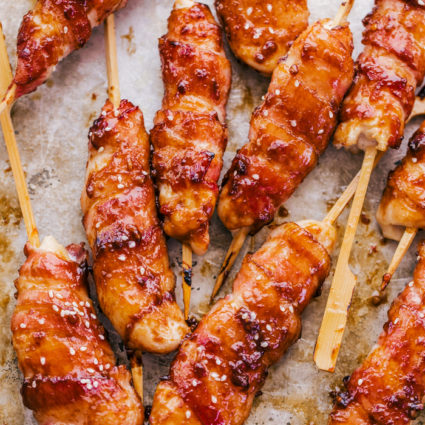 Honey Garlic Bacon Wrapped Chicken Kabobs