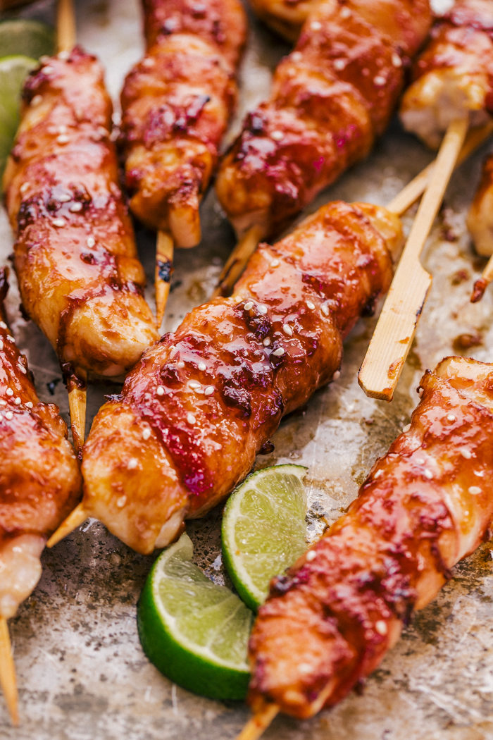 Honey Garlic Bacon Wrapped Chicken Kabobs | The Food Cafe ...