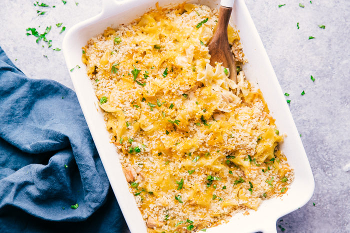 Tuna Noodle Casserole with serving spoon