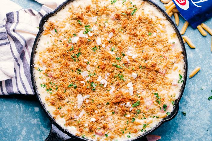 baked ham and cheese pasta casserole in a skillet 