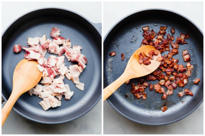 Two images, the image on the left shows diced uncooked bacon in a skillet and the image on the right shows the cooked diced bacon ready to be used in the brussels sprouts casserole by The Food Cafe. 